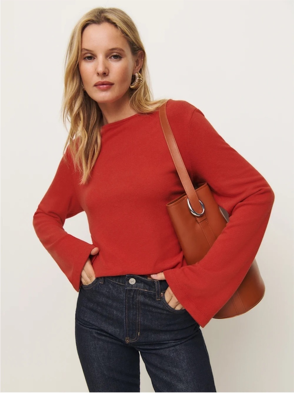 Reformation Eternity Knit Top Red Long Sleeve Boat Neck Sweater XS